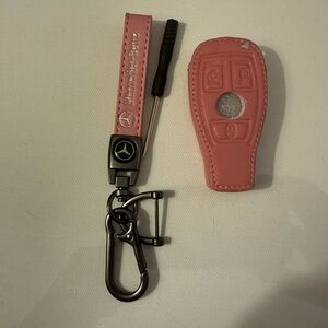 Mercedes Benz Key Fob Keychain and Fob Case Cover in Pink Leather NWT